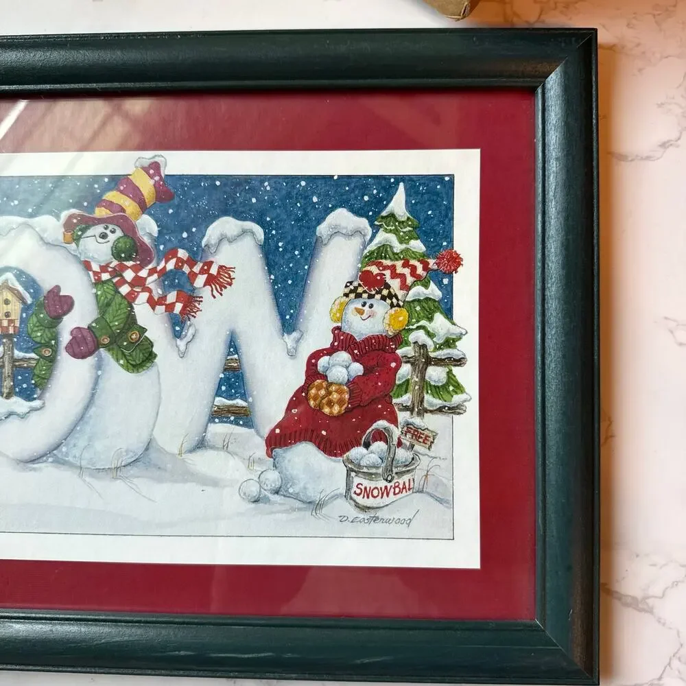 VTG Snowman SNOW Wall Art Decor Framed Print Home Interiors